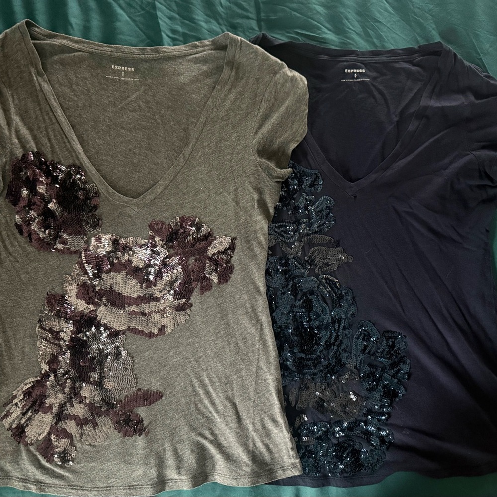 Express V-Neck Tops with Sequin Embellishments - Gray and Black